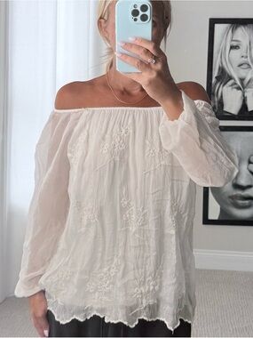 Women's Off-Shoulder White Embroidered Tunic Top